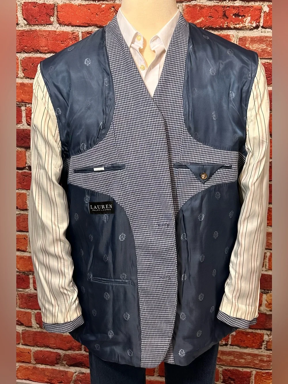 RALPH LAUREN MENS BLAZER SZ 50L LONG FIT BLUE HOUNDSTOOTH CHECK SPORT COAT
